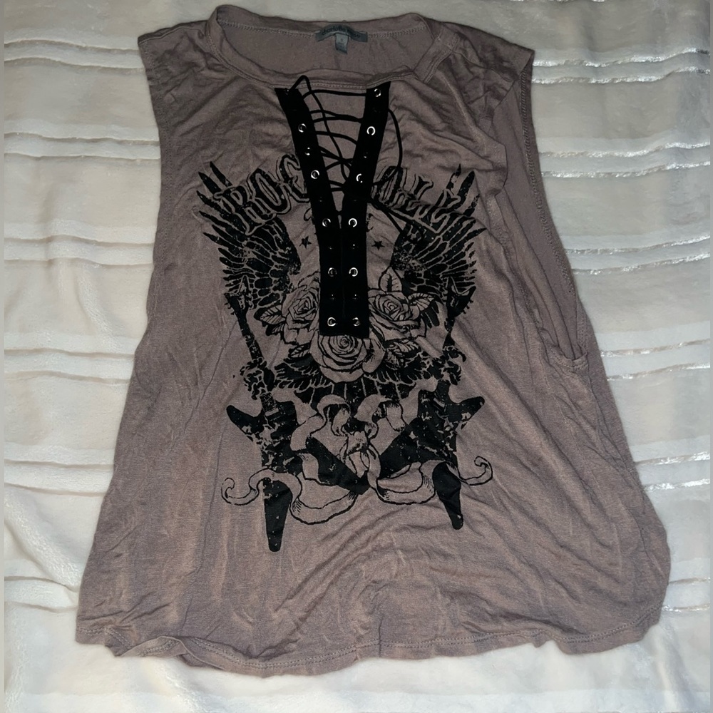 Light brown sleeveless tie up deep the rock ‘n’ roll shirt